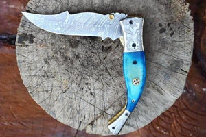 Handmade Damascus Steel Fish Tail Shape Folding Knife. Pro-Vigoroso1476