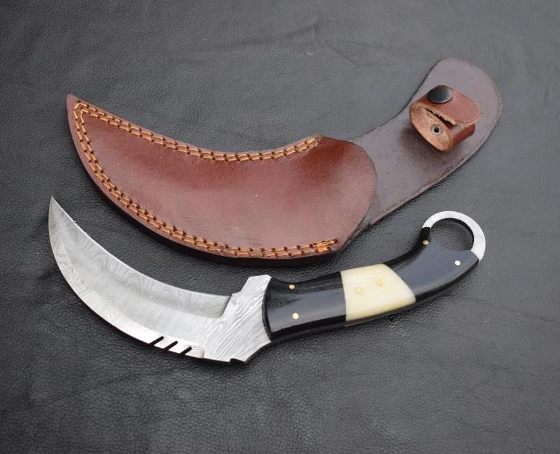 Handmade Damascus steel Karambit Knife with Black & Off-white Handle. Pro-Netto1541