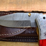 Handmade Damascus Steel with Engraved Bolster Handle Folding Knife. Pro-Vigoroso1482