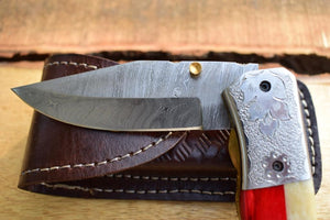 Handmade Damascus Steel with Engraved Bolster Handle Folding Knife. Pro-Vigoroso1482