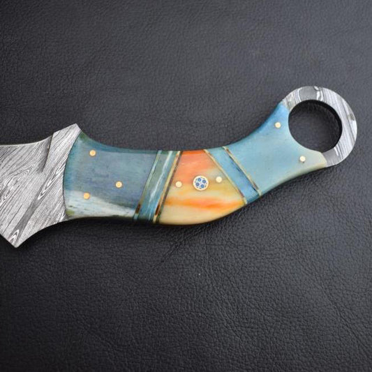 Handmade Damascus Steel Two Color Resin  Karambit Knife with Damascus Finger Ring. Pro1542