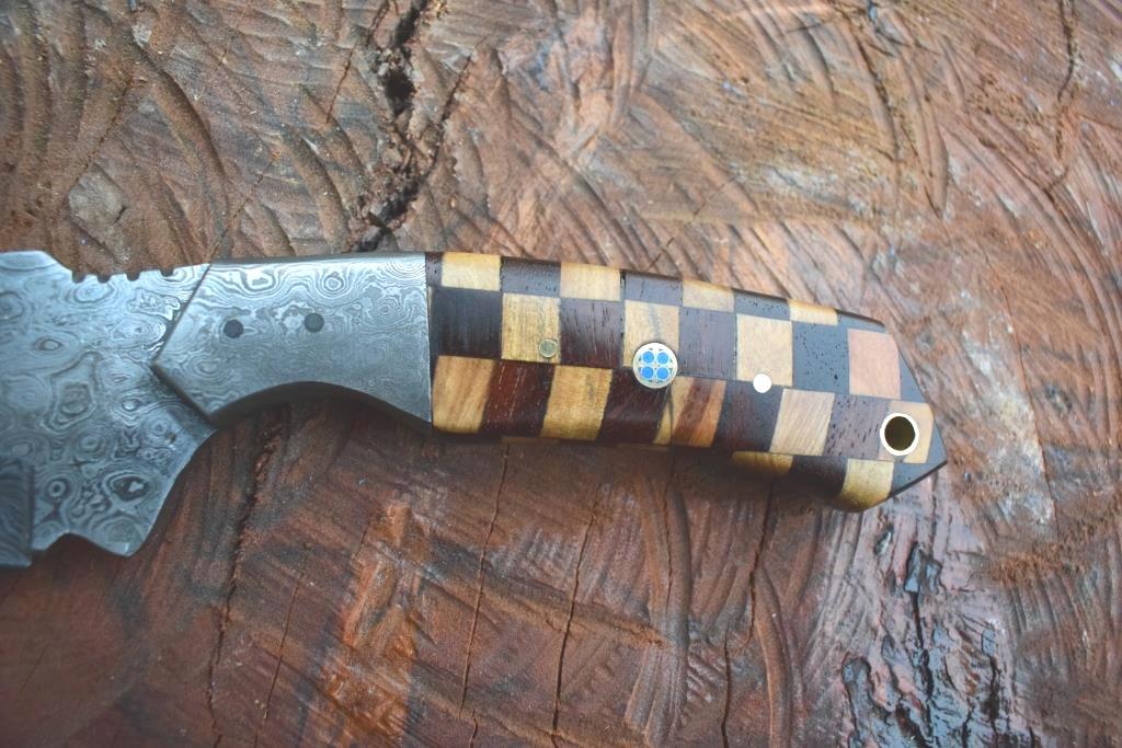 Handmade Damascus Steel Skinner Gear with Olive & Dark Wood Handle. Pro-Tenace1522