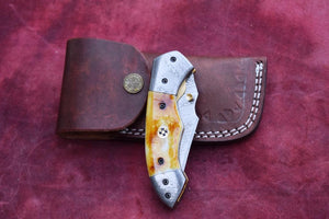 Handmade Damascus Steel Camel Bone Folding Knife with Damascus Bolster and Pommel on Handle. Free Engraving and USA Shipping. Pro-Vigoroso1470