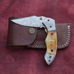 Handmade Damascus Steel Camel Bone Folding Knife with Damascus Bolster and Pommel on Handle. Free Engraving and USA Shipping. Pro-Vigoroso1470