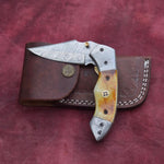 Handmade Damascus Steel Camel Bone Folding Knife with Damascus Bolster and Pommel on Handle. Free Engraving and USA Shipping. Pro-Vigoroso1470