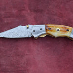 Handmade Damascus Steel Camel Bone Folding Knife with Damascus Bolster and Pommel on Handle. Free Engraving and USA Shipping. Pro-Vigoroso1470