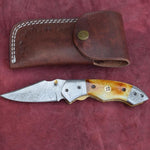 Handmade Damascus Steel Camel Bone Folding Knife with Damascus Bolster and Pommel on Handle. Free Engraving and USA Shipping. Pro-Vigoroso1470