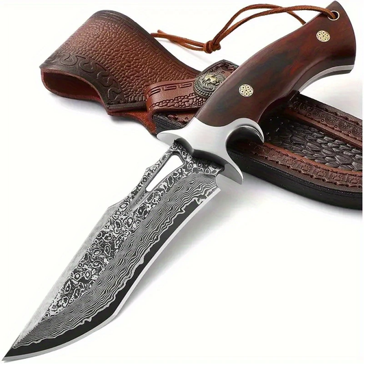 Hand-Forged Damascus Steel Skinner Knife – Mosaic Ash Wood Handle & Steel Guard. Pro-Tenace6062