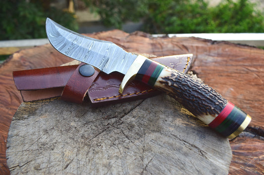 Handmade Damascus steel Stag Handle Camping Gear with Brass Bolster. Pro1520