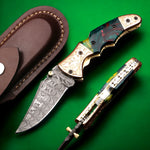 Handmade Damascus Steel  and Tie & Dye Resin Handle Folding Knife with Engraved Bolster. Pro1471