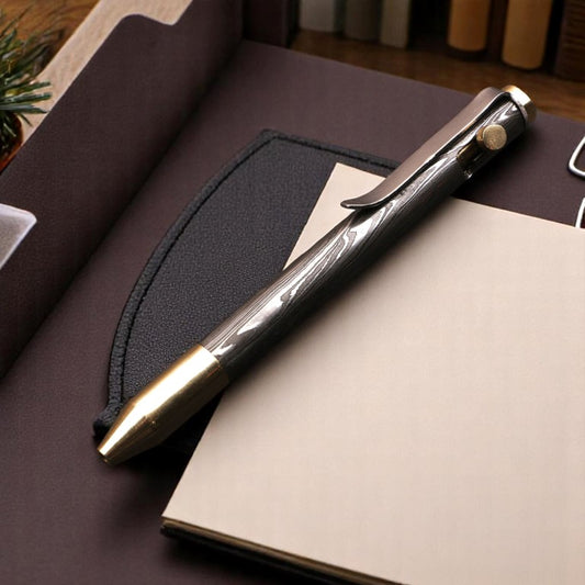 Handcrafted Damascus Steel Brass Head Manual Operation Ballpoint Pen with Pocket Clipper. Pro-Regalo7013