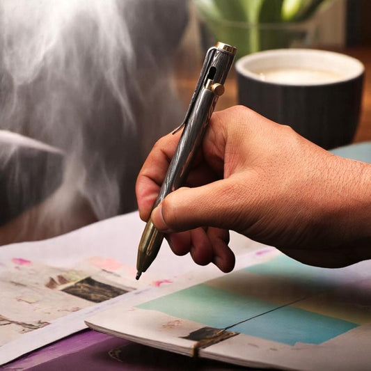 Handcrafted Damascus Steel Brass Head Manual Operation Ballpoint Pen with Pocket Clipper. Pro-Regalo7013