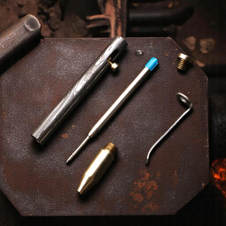 Handcrafted Damascus Steel Brass Head Manual Operation Ballpoint Pen with Pocket Clipper. Pro-Regalo7013