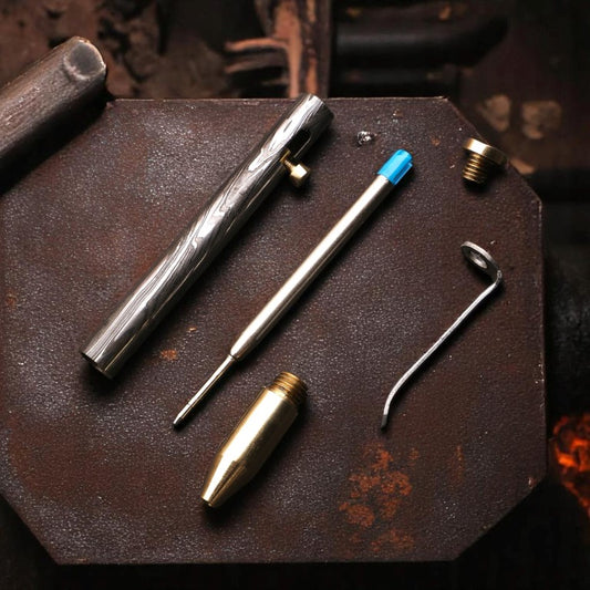 Handcrafted Damascus Steel Brass Head Manual Operation Ballpoint Pen with Pocket Clipper. Pro-Regalo7013