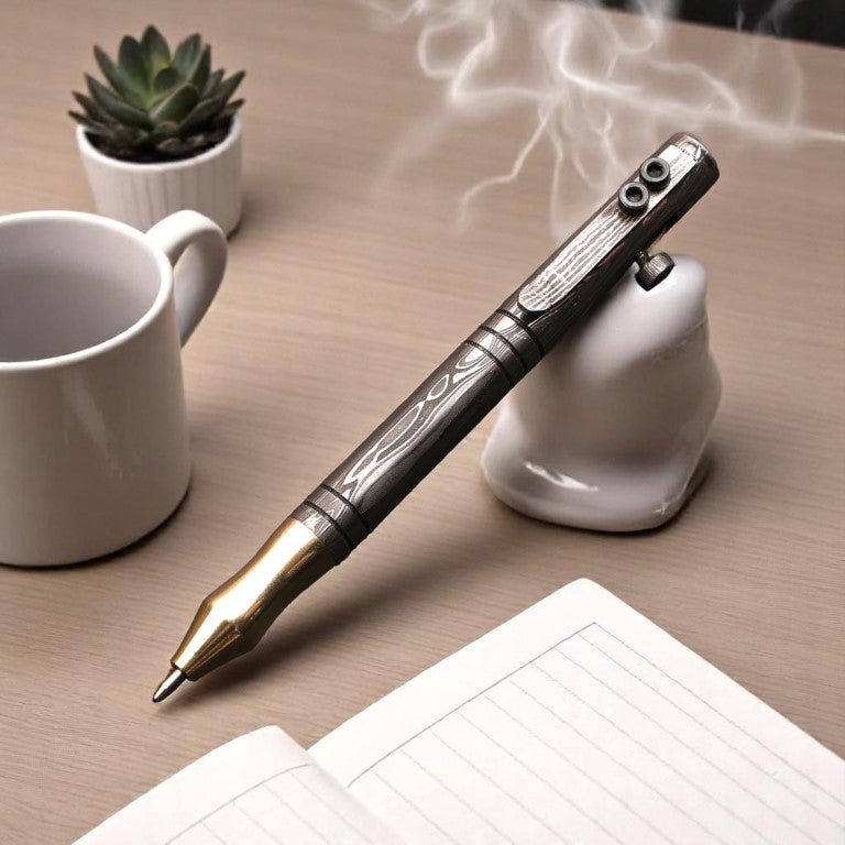 Damascus Steel and Brass Ballpoint Pen with Allen Key Bolt Pocket Clipper. Pro-Regalo7014
