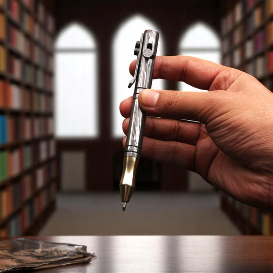 Damascus Steel and Brass Ballpoint Pen with Allen Key Bolt Pocket Clipper. Pro-Regalo7014