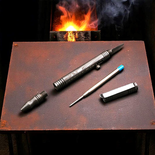 Handmade Damascus Steel Ballpoint Pen with Tri-Edge Paper Cutter. Pro-Regalo7015