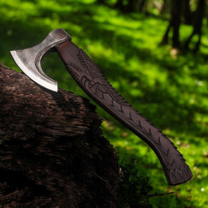 Handmade Carbon Steel Viking Axe with Dark Crafted Crocodile on Ash Wood Shaft. Pro-Bello1440