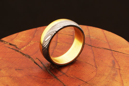 Captivated Handmade Brass and Damascus Steel Edges Ring with Brass Inlay.Pro7011