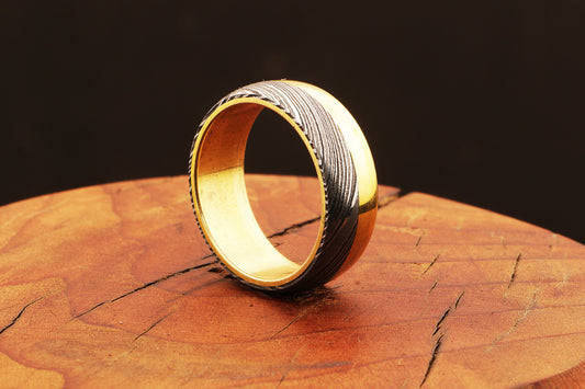 Captivated Handmade Brass and Damascus Steel Edges Ring with Brass Inlay.Pro7011