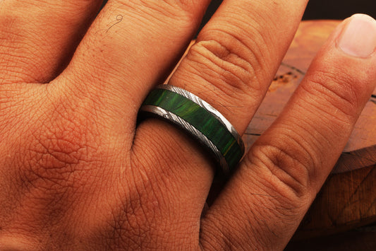 Enchant Damascus steel Wooden Filler Ring with Wood Inlay Packed in Special Box. Pro7012