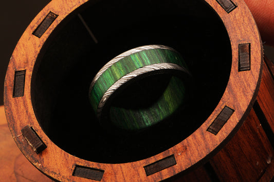 Enchant Damascus steel Wooden Filler Ring with Wood Inlay Packed in Special Box. Pro7012