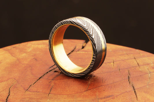 Fascinating Damascus steel Brass Side Edge Line Ring Packed in Special Box. Pro7014