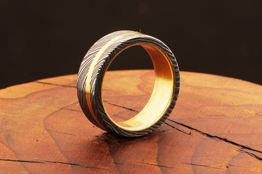 Fascinating Damascus steel Brass Side Edge Line Ring Packed in Special Box. Pro7014
