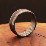 Beguiled Damascus Steel Ring with Dark Wood Inlay between Edges Packed in Special Box.Pro-Regalo7015