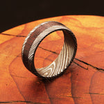 Beguiled Damascus Steel Ring with Dark Wood Inlay between Edges Packed in Special Box.Pro-Regalo7015