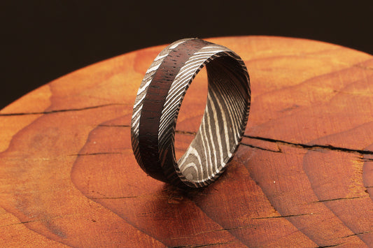 Damascus Steel Ring with Dark Wood Inlay between Edges Packed in Special Box.Pro7015