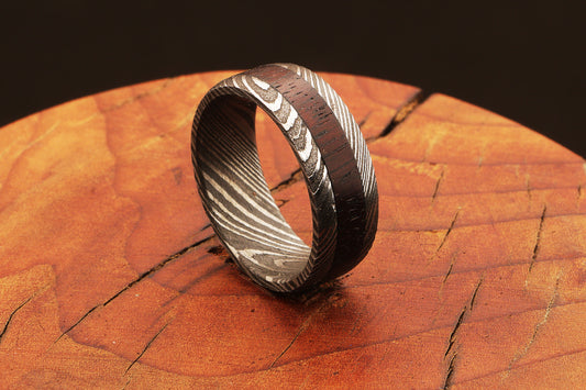 Damascus Steel Ring with Dark Wood Inlay between Edges Packed in Special Box.Pro7015