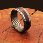 Beguiled Damascus Steel Ring with Dark Wood Inlay between Edges Packed in Special Box.Pro-Regalo7015