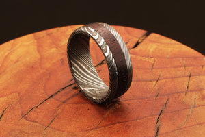 Beguiled Damascus Steel Ring with Dark Wood Inlay between Edges Packed in Special Box.Pro-Regalo7015