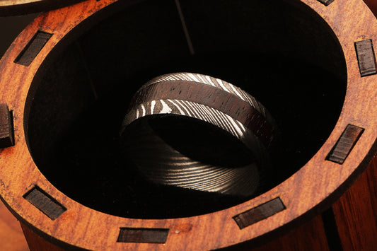 Damascus Steel Ring with Dark Wood Inlay between Edges Packed in Special Box.Pro7015