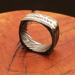 Enthralling Damascus steel Ring with Two Embedded Brass Lines in Unique Style. Pro-Regalo7016