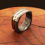 Enthralling Damascus steel Ring with Two Embedded Brass Lines in Unique Style. Pro-Regalo7016