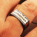 Enthralling Damascus steel Ring with Two Embedded Brass Lines in Unique Style. Pro-Regalo7016