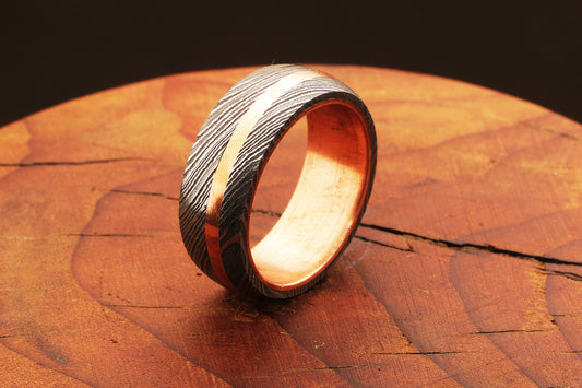 Brass Barrel Damascus Steel Ring with Embedded Brass Line.Pro7017