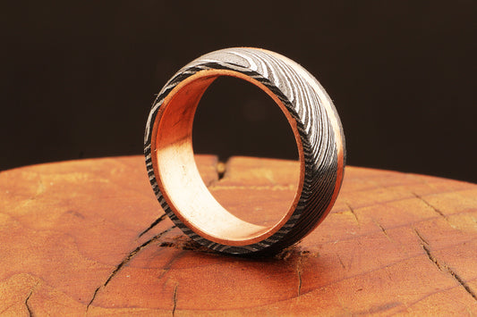 Brass Barrel Damascus Steel Ring with Embedded Brass Line.Pro7017