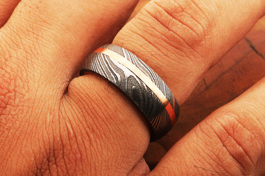Brass Barrel Damascus Steel Ring with Embedded Brass Line.Pro7017