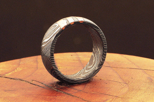 Captivated Damascus Steel Marble Grain Ring with Embedded Brass Cut Lines.Pro7018