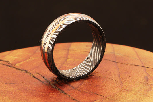 Enthralling Damascus Steel Ring with Embedded Brass Lines Packed in Special Box. Pro7020