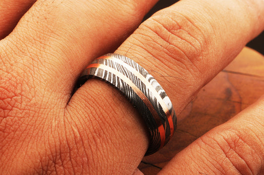 Enthralling Damascus Steel Ring with Embedded Brass Lines Packed in Special Box. Pro7020