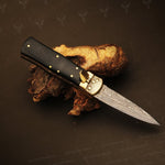 Handmade Damascus steel Push Button Folding Knife with Ash Wood Gift Box. Pro-Vigoroso1701