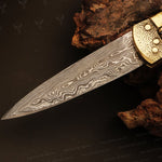 Handmade Damascus steel Push Button Folding Knife with Ash Wood Gift Box. Pro-Vigoroso1701