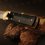 Handmade Damascus steel Push Button Folding Knife with Ash Wood Gift Box. Pro-Vigoroso1701