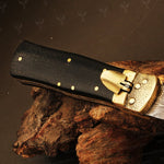 Handmade Damascus steel Push Button Folding Knife with Ash Wood Gift Box. Pro-Vigoroso1701