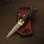 Handmade Damascus steel Push Button Folding Knife with Ash Wood Gift Box. Pro-Vigoroso1701