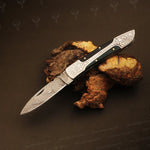 Handmade Damascus steel Micarta Handle Folding Knife. Packed in Ash wood Box. Pro-Vigoroso1703